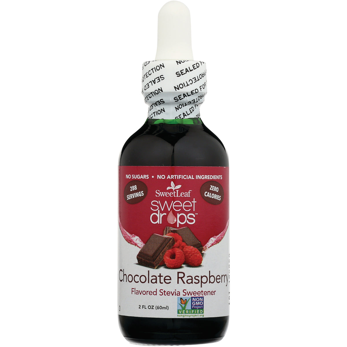 WA041 | SweetLeaf Sweet Drops Chocolate Raspberry stevia sweetener, 2 fl oz dropper bottle, zero calories, 288 servings