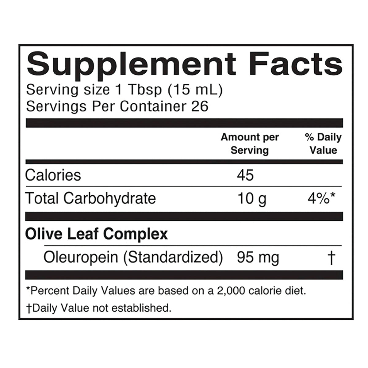 BAR065 | Supplement Facts label showing serving size 1 Tbsp (15 mL), 26 servings, 45 calories, 10 g carbs, Olive Leaf Complex Oleuropein 95 mg