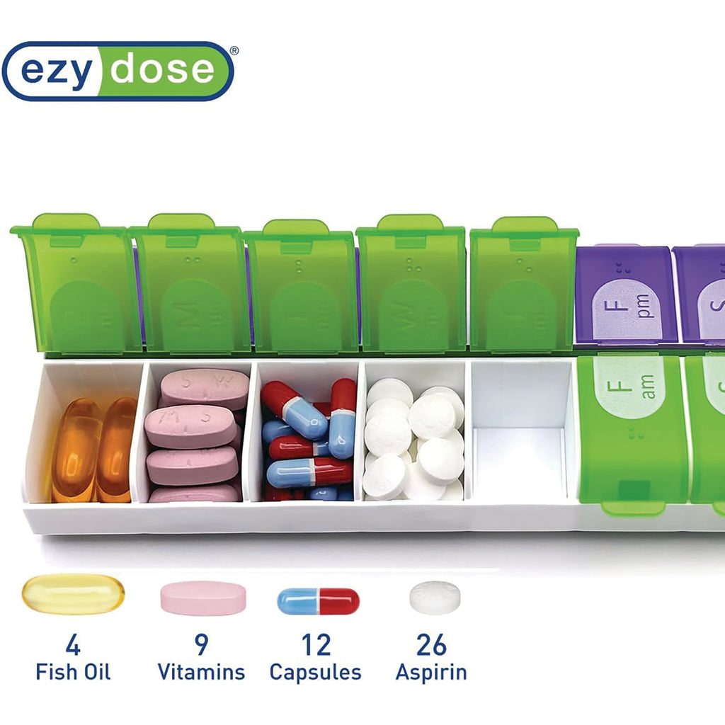 APP09 | ezy dose pill organizer with green lids; holds 4 Fish Oil, 9 Vitamins, 12 Capsules, 26 Aspirin - Thumbnail