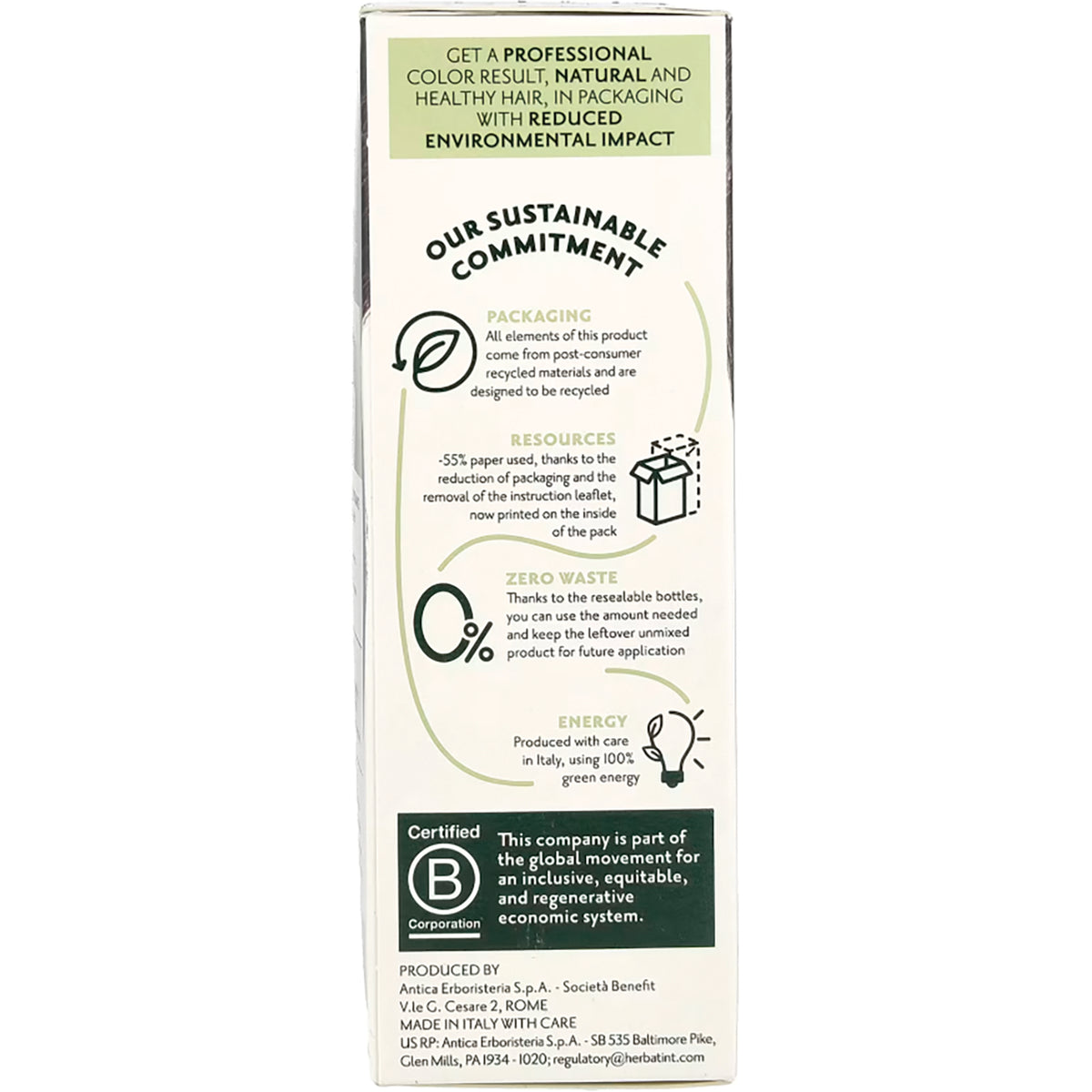 HBT004 | Back of product box showing sustainable commitment text, packaging and zero waste icons, energy note and Certified B logo