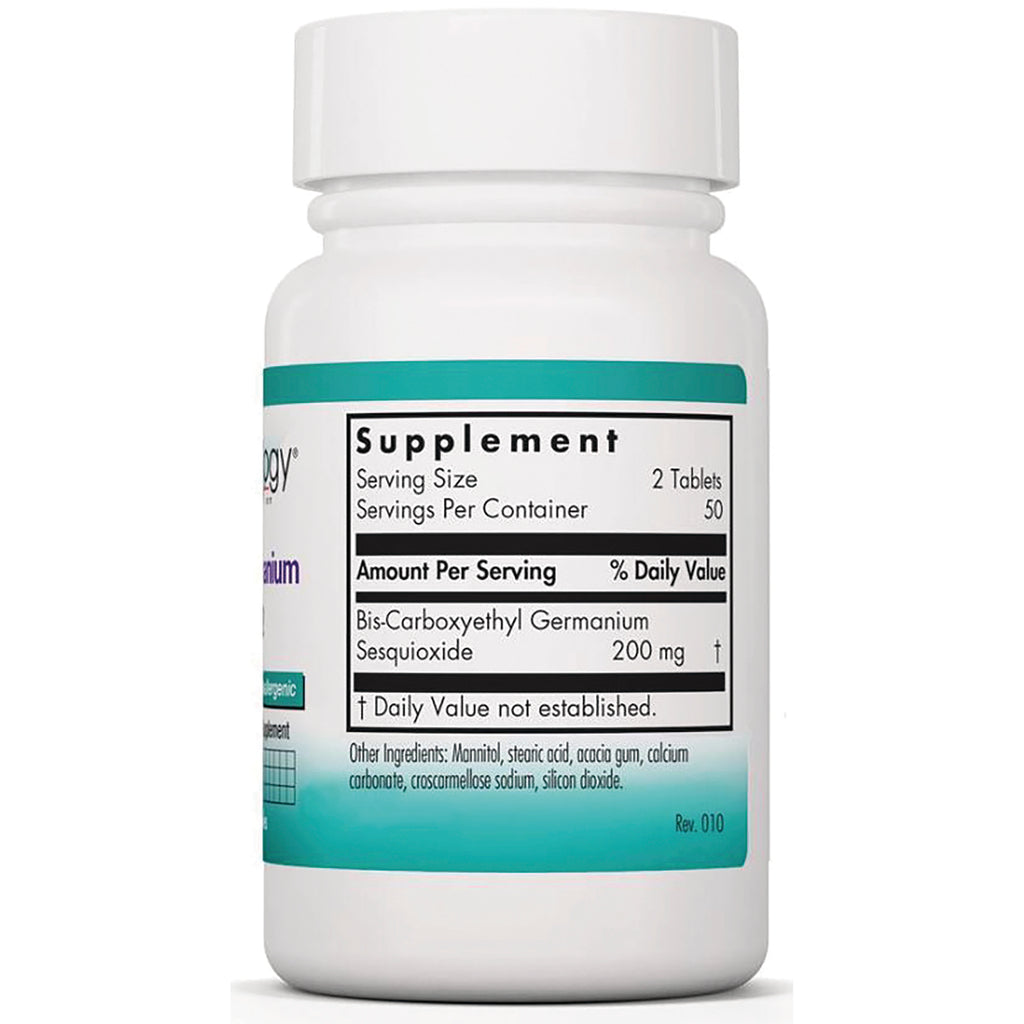 NCL100 | back label showing supplement facts, serving size 2 tablets, 50 servings, Bis-Carboxyethyl Germanium Sesquioxide 200 mg - Thumbnail