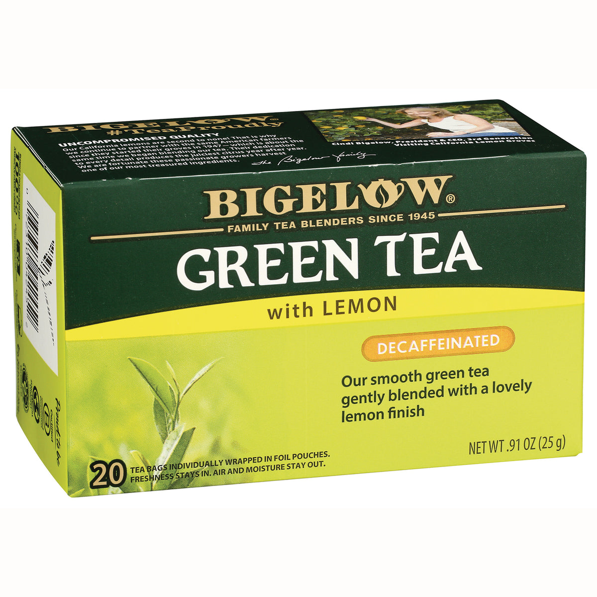 BGT012 | Box of Bigelow Green Tea with Lemon decaffeinated, 20 tea bags front packaging