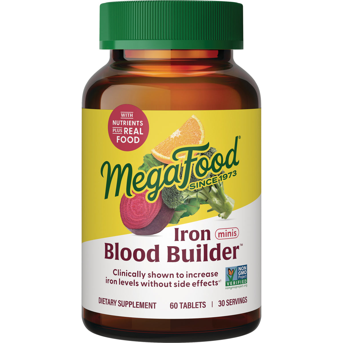 MGF086 | Megafood Iron Blood Builder minis bottle front label, 60 tablets dietary supplement