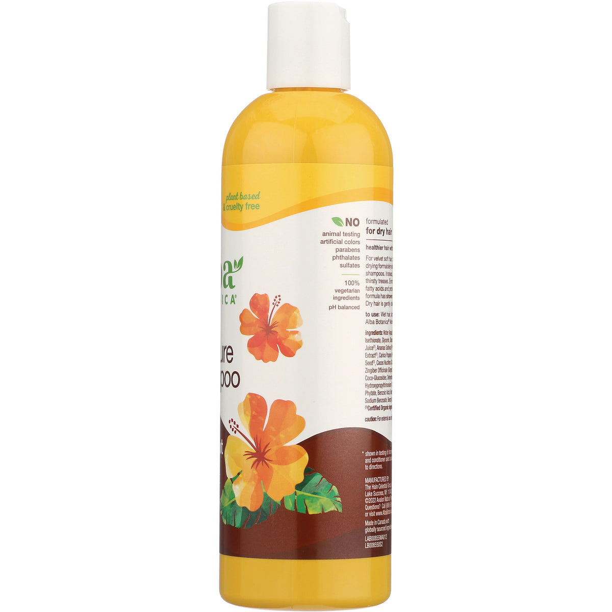 ABA035 | Back label of Alba Botanica More Moisture Coconut Milk shampoo with ingredients and \