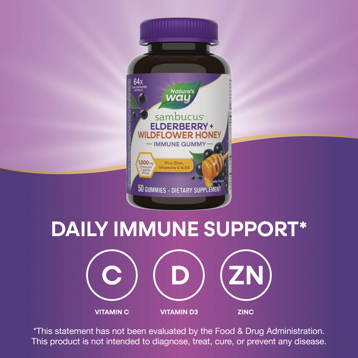 NW1074 | Nature's Way Sambucus elderberry and wildflower honey immune gummy bottle on purple infographic highlighting vitamin C, D3, zinc