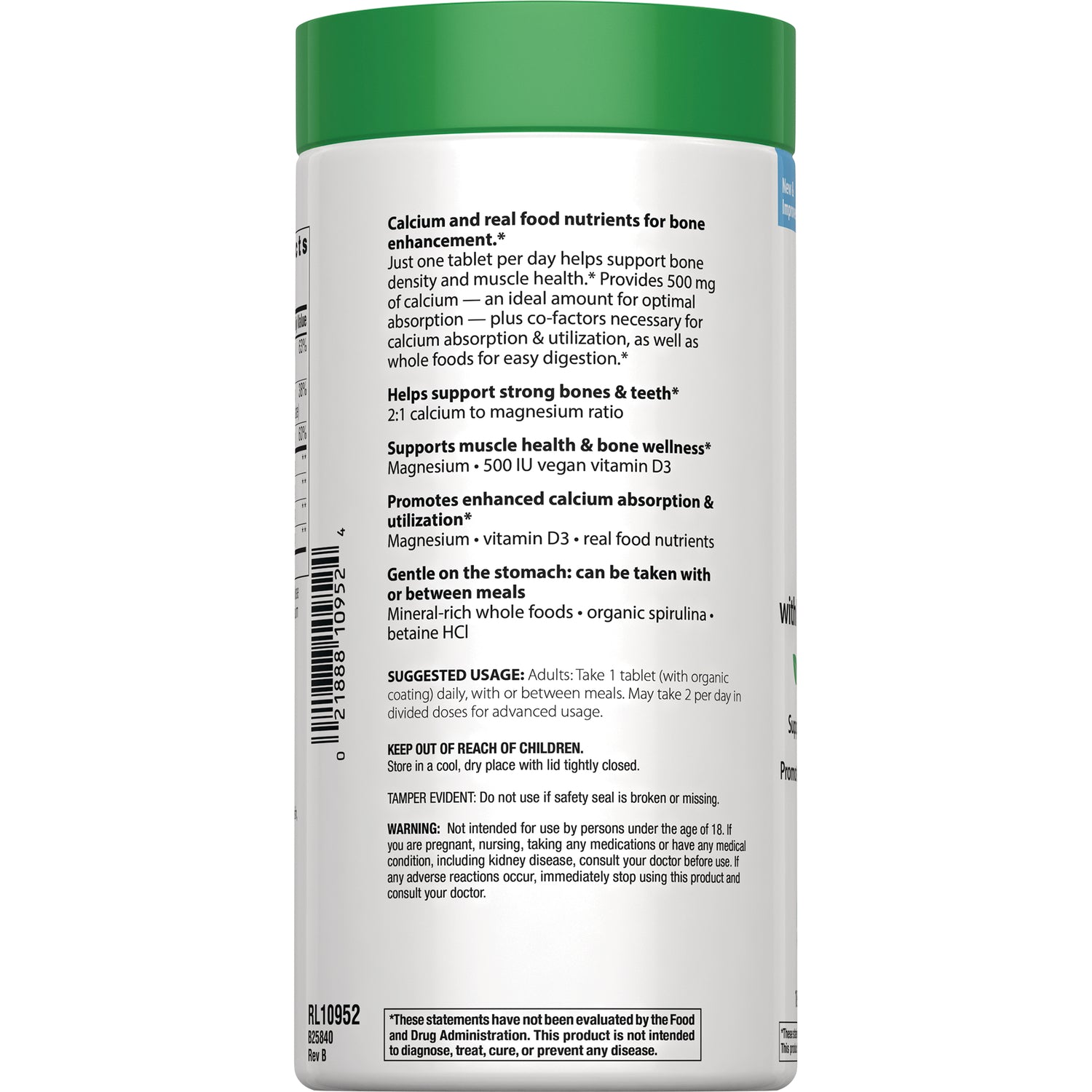 RBL167 | Back label of white supplement bottle showing suggested usage, warnings and barcode