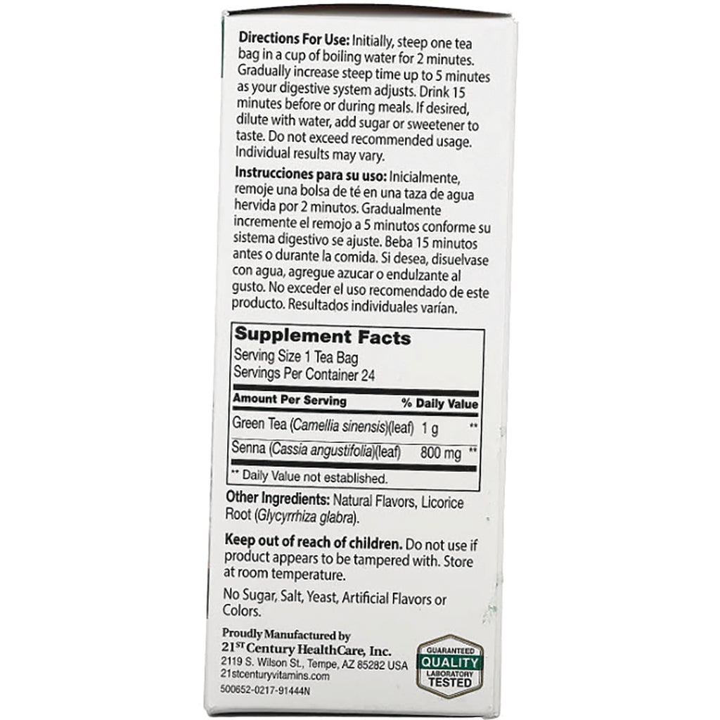 CNT149 | Back panel with directions, supplement facts showing Green Tea 1 g and Senna 800 mg, other ingredients and warnings - Thumbnail