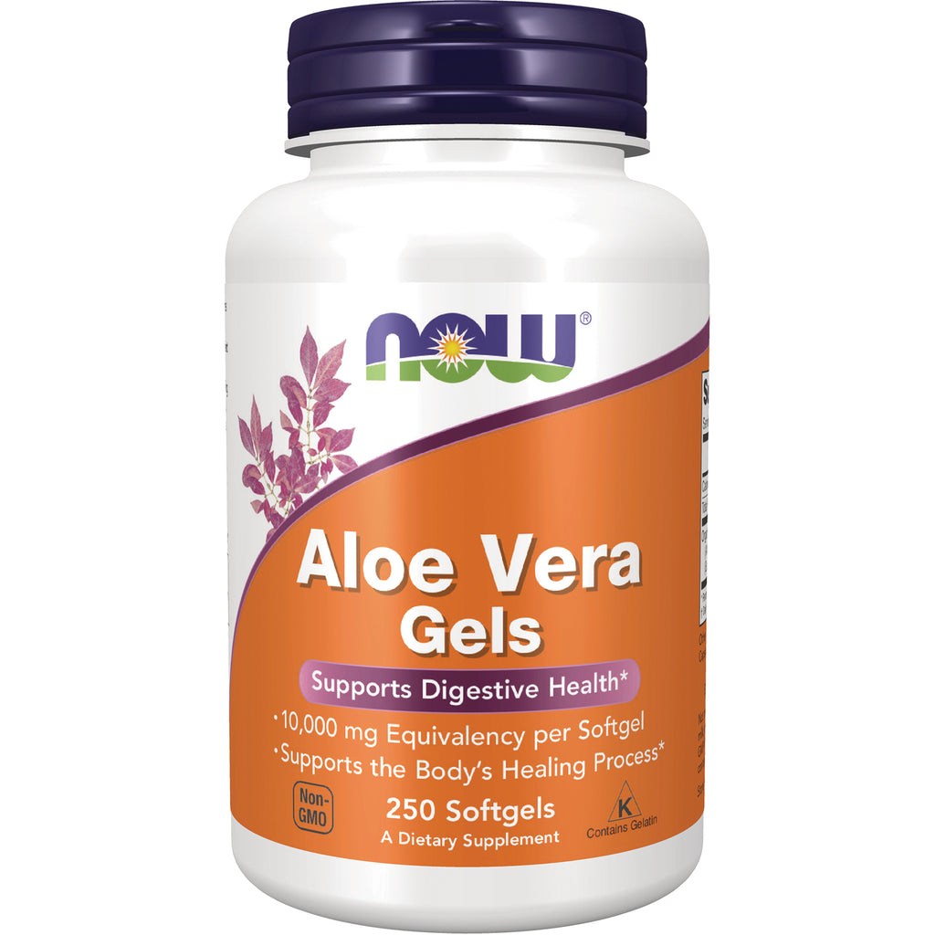 NWF1438 | NOW Aloe Vera Gels white bottle with orange label reading 250 Softgels - Thumbnail