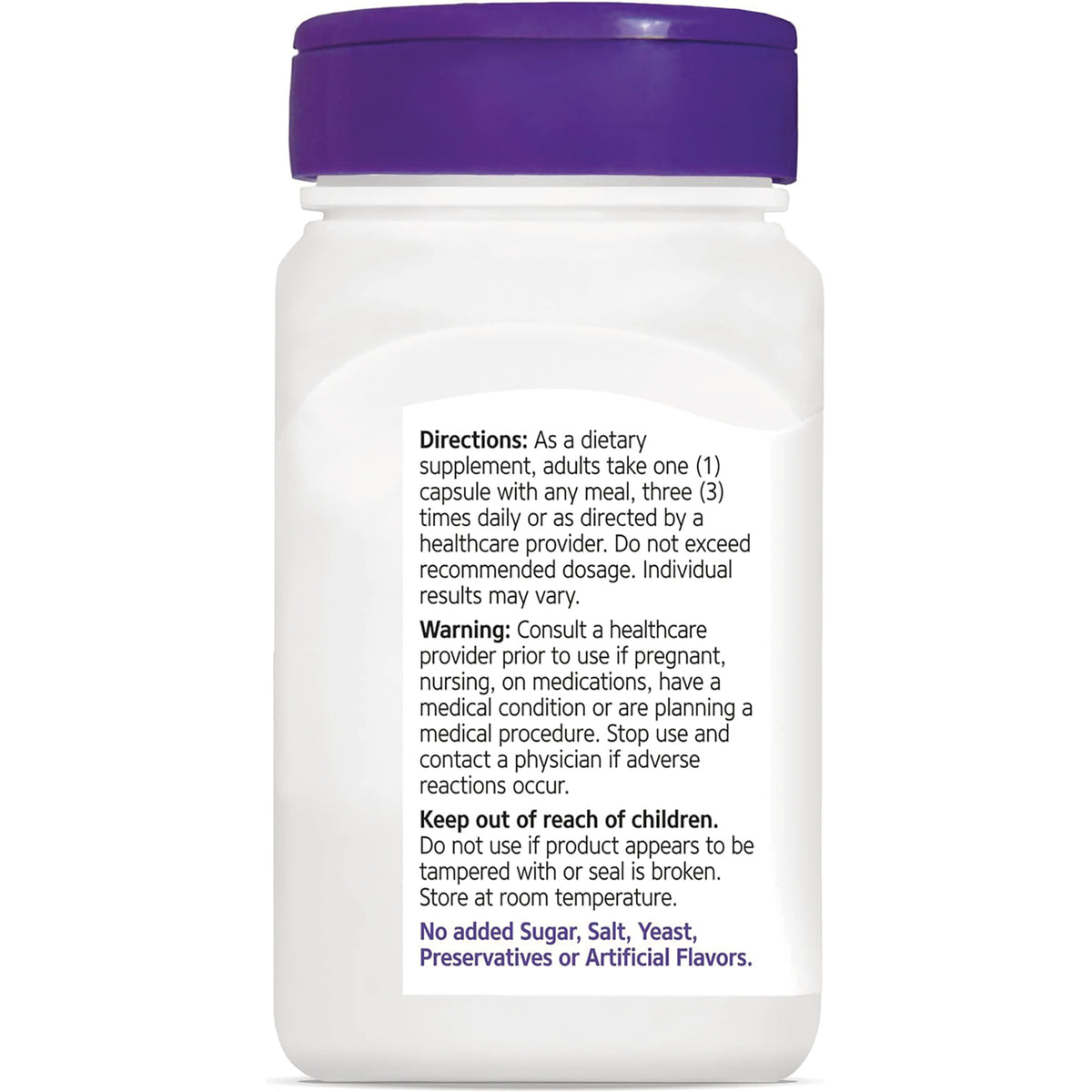 CNT056 | Back of white supplement bottle with purple cap showing directions, warnings, and statement No added Sugar, Salt, Yeast, Preservatives or Artificial Flavors
