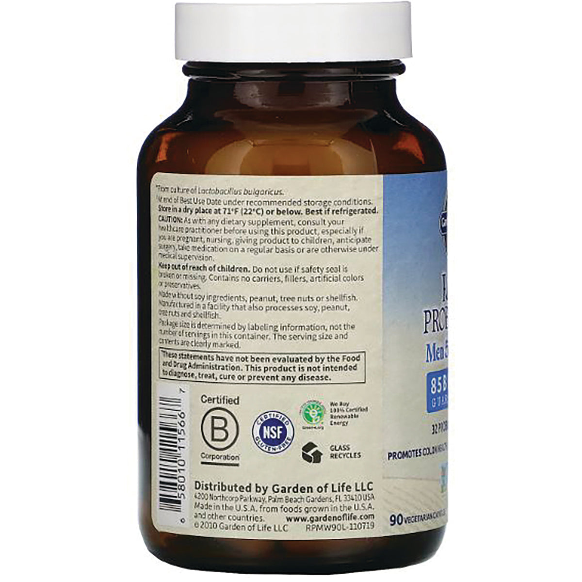 GLF131 | Back label of amber supplement bottle showing ingredients, warnings, barcode and certification logos