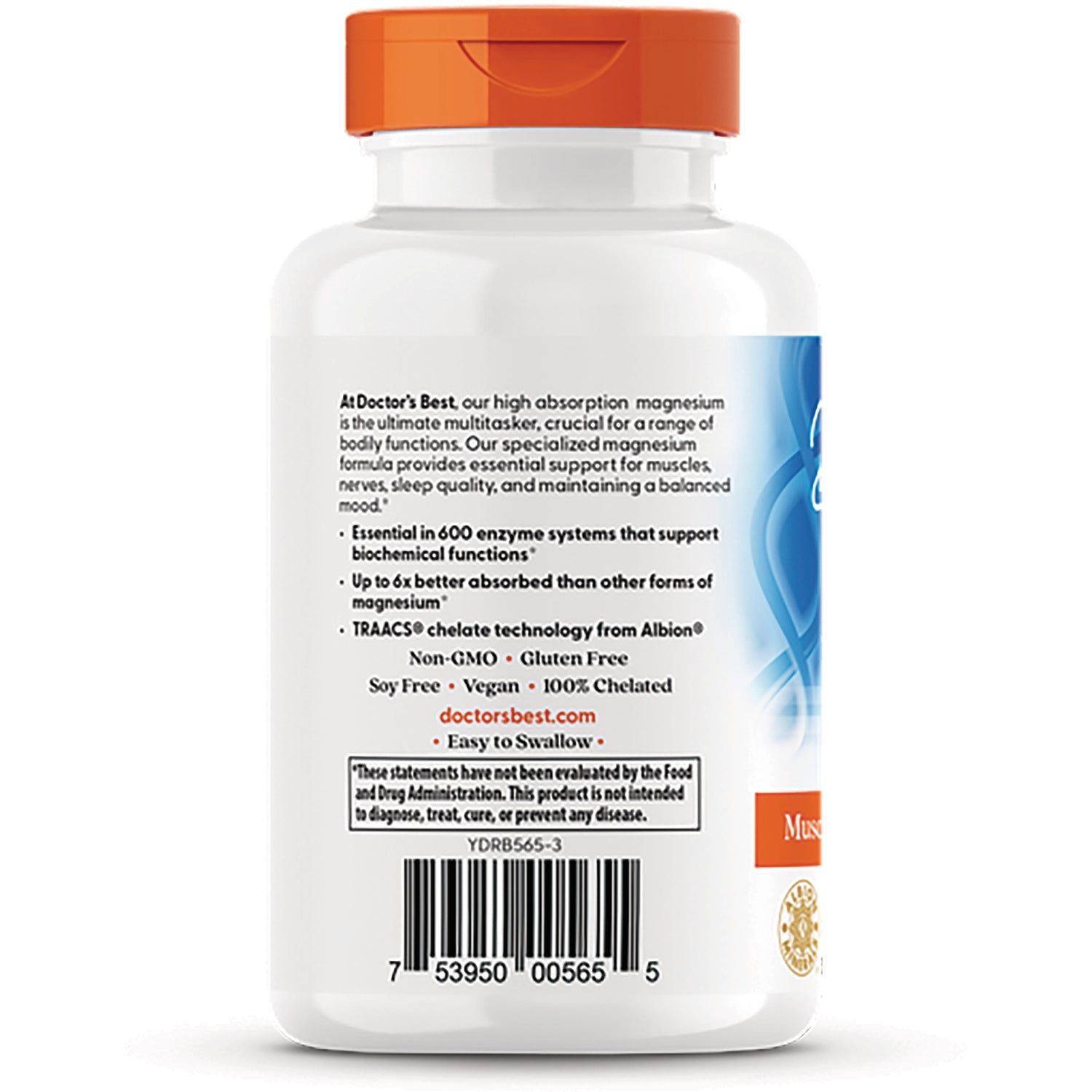 DB284 | Back of white supplement bottle with orange cap showing ingredient claims, barcode, and label text