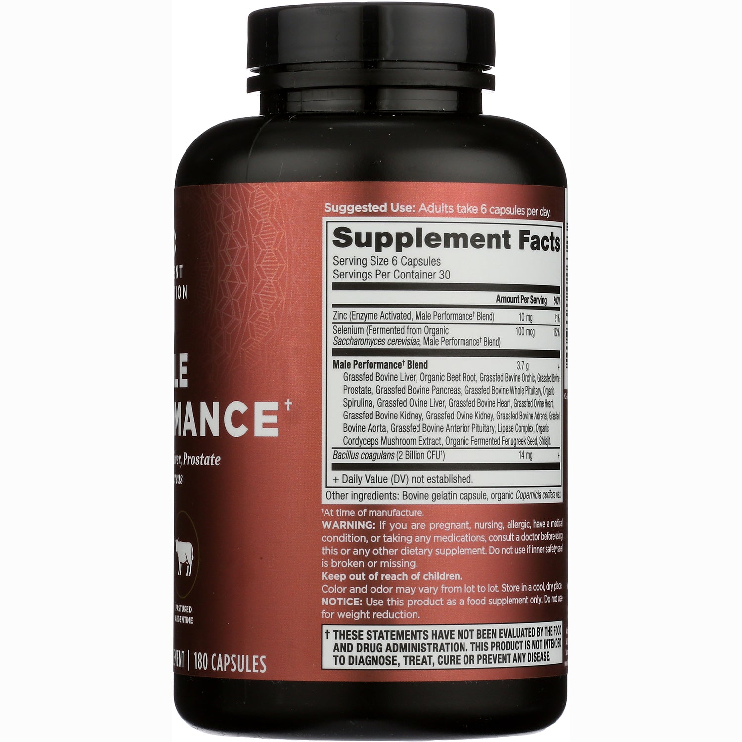ATN100 | Back label showing Supplement Facts panel and suggested use 'Adults take 6 capsules per day'