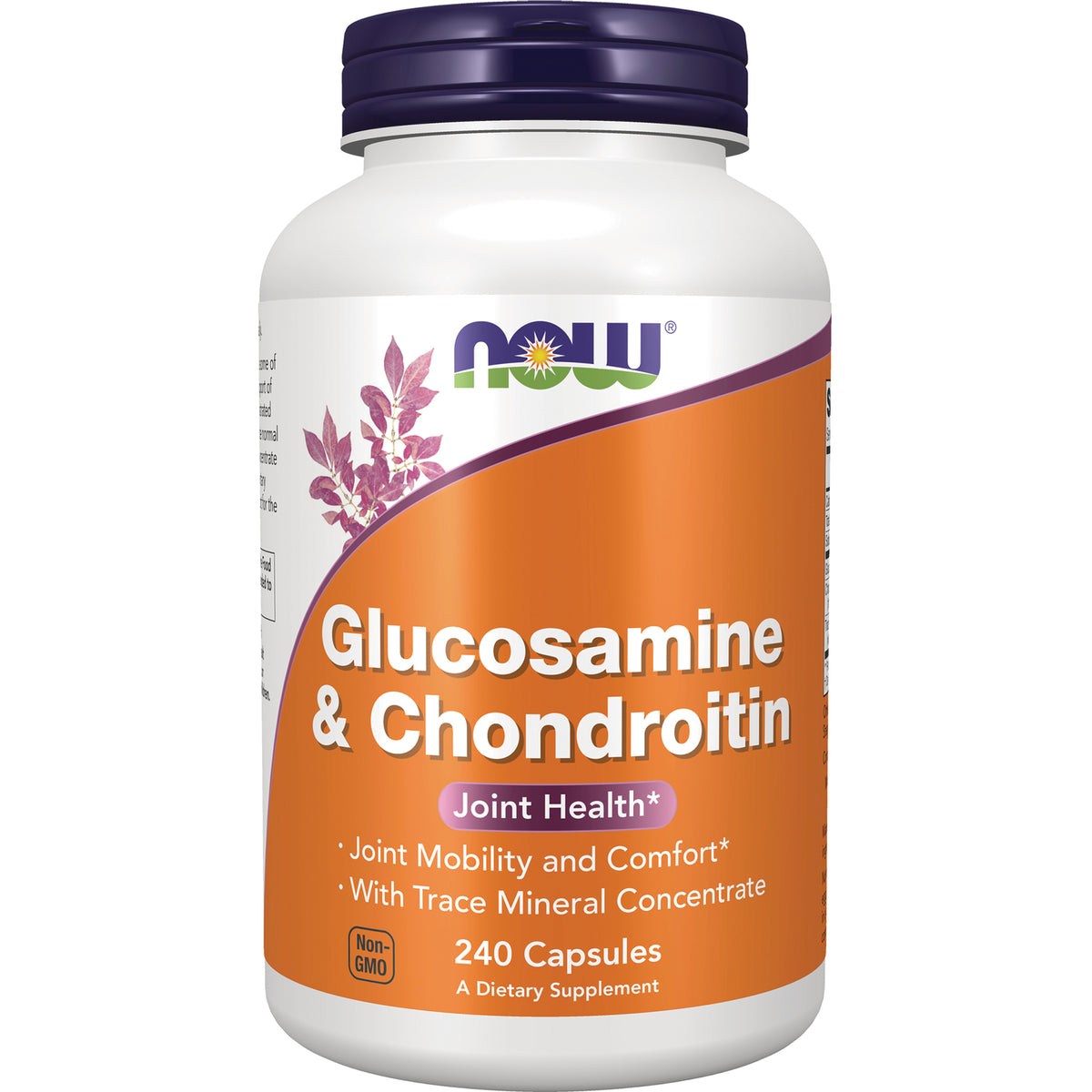 NWF398 | NOW Glucosamine & Chondroitin 240 capsules white bottle with orange label and purple cap