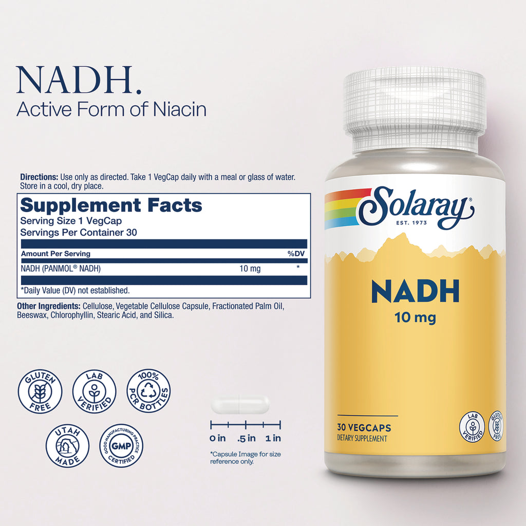 SLR538 | Back label with Supplement Facts for Solaray NADH 10 mg, 30 VegCaps - Thumbnail
