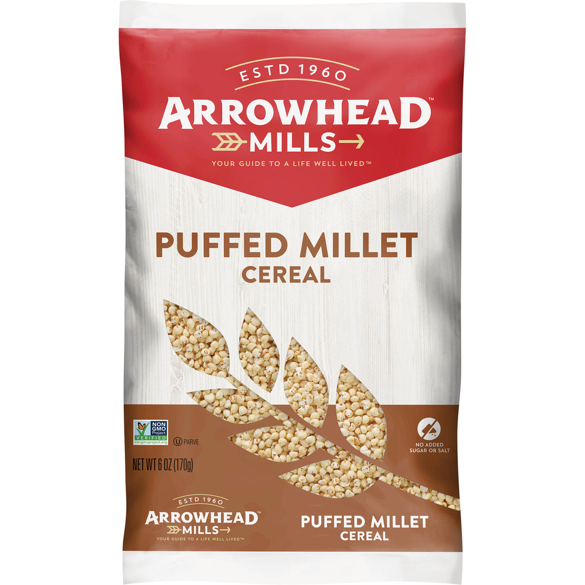 AHM027 | Arrowhead Mills Puffed Millet Cereal bag, Non-GMO Project Verified, no added sugar or salt, 6 oz