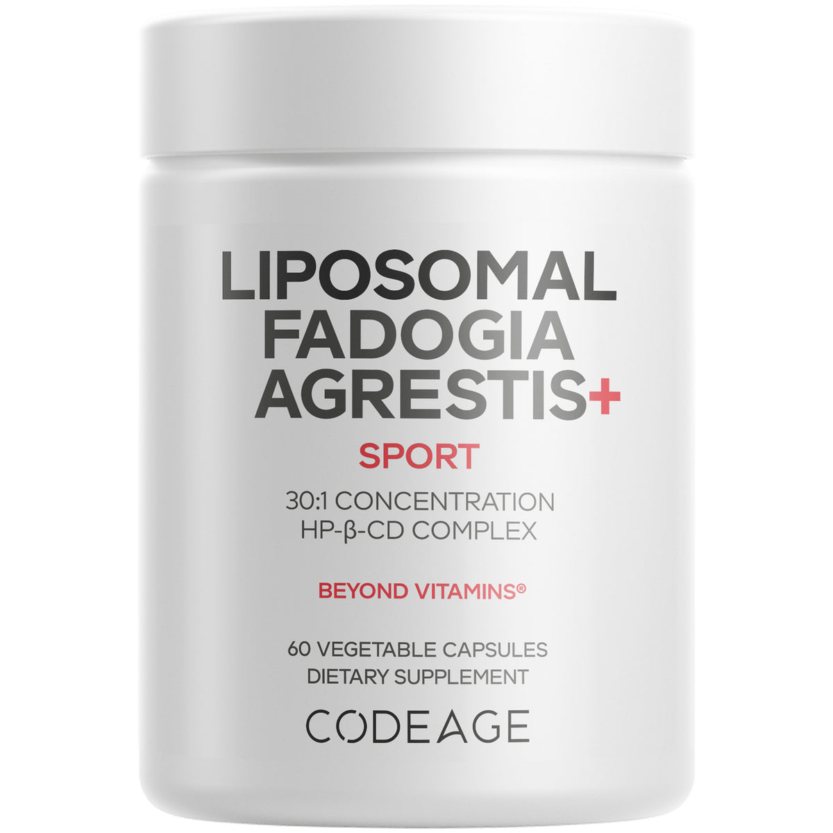 CDG057 | white supplement jar labeled LIPOSOMAL FADOGIA AGRESTIS+ SPORT, 60 vegetable capsules, CODEAGE