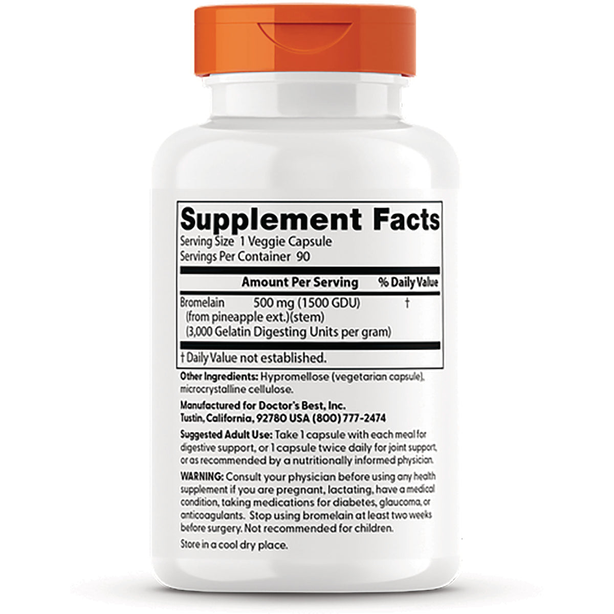 DB195 | Supplement Facts label and warnings on back of white supplement bottle showing Bromelain 500 mg and usage directions