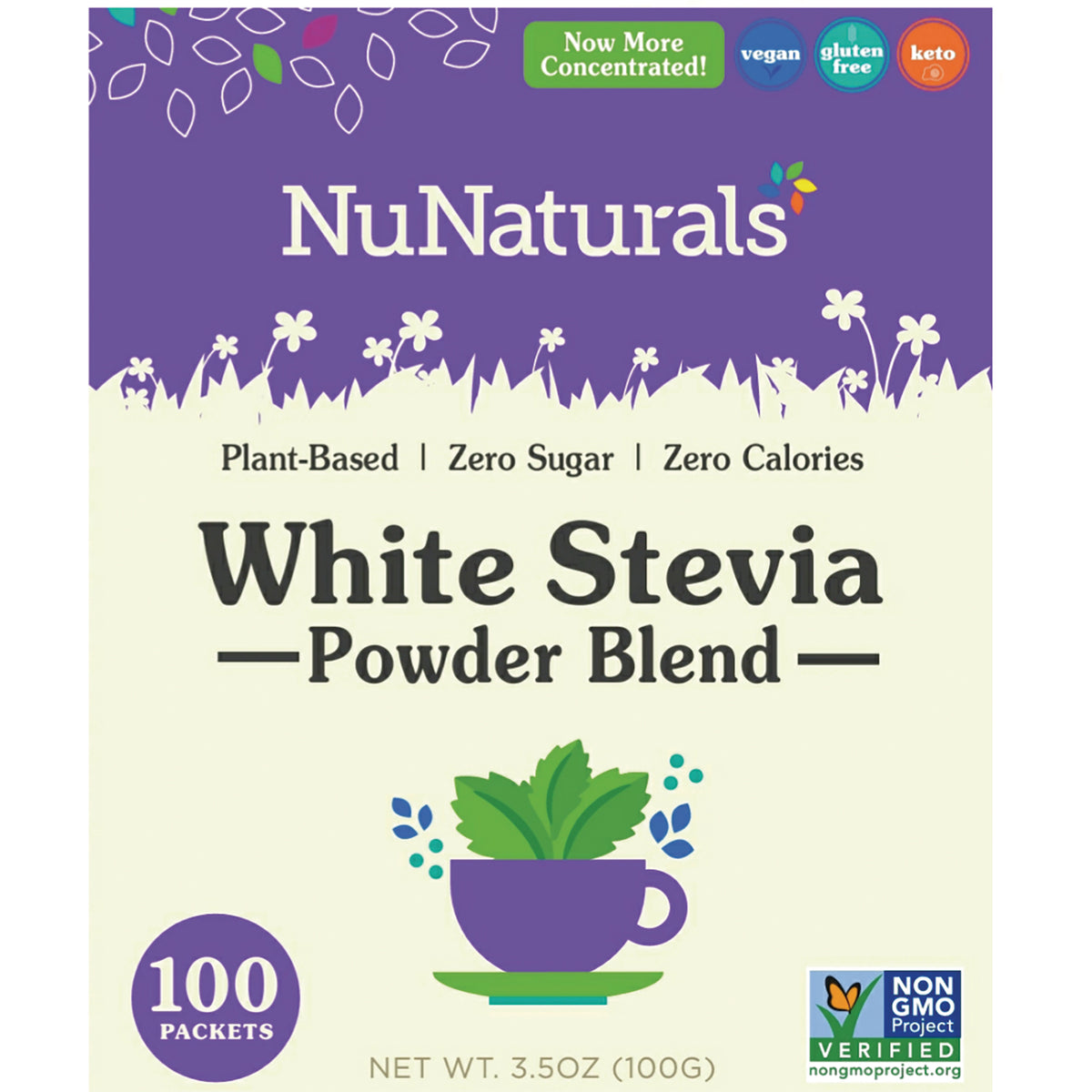 NN046 | NuNaturals White Stevia Powder Blend front packaging showing 100 packets and Non-GMO badge