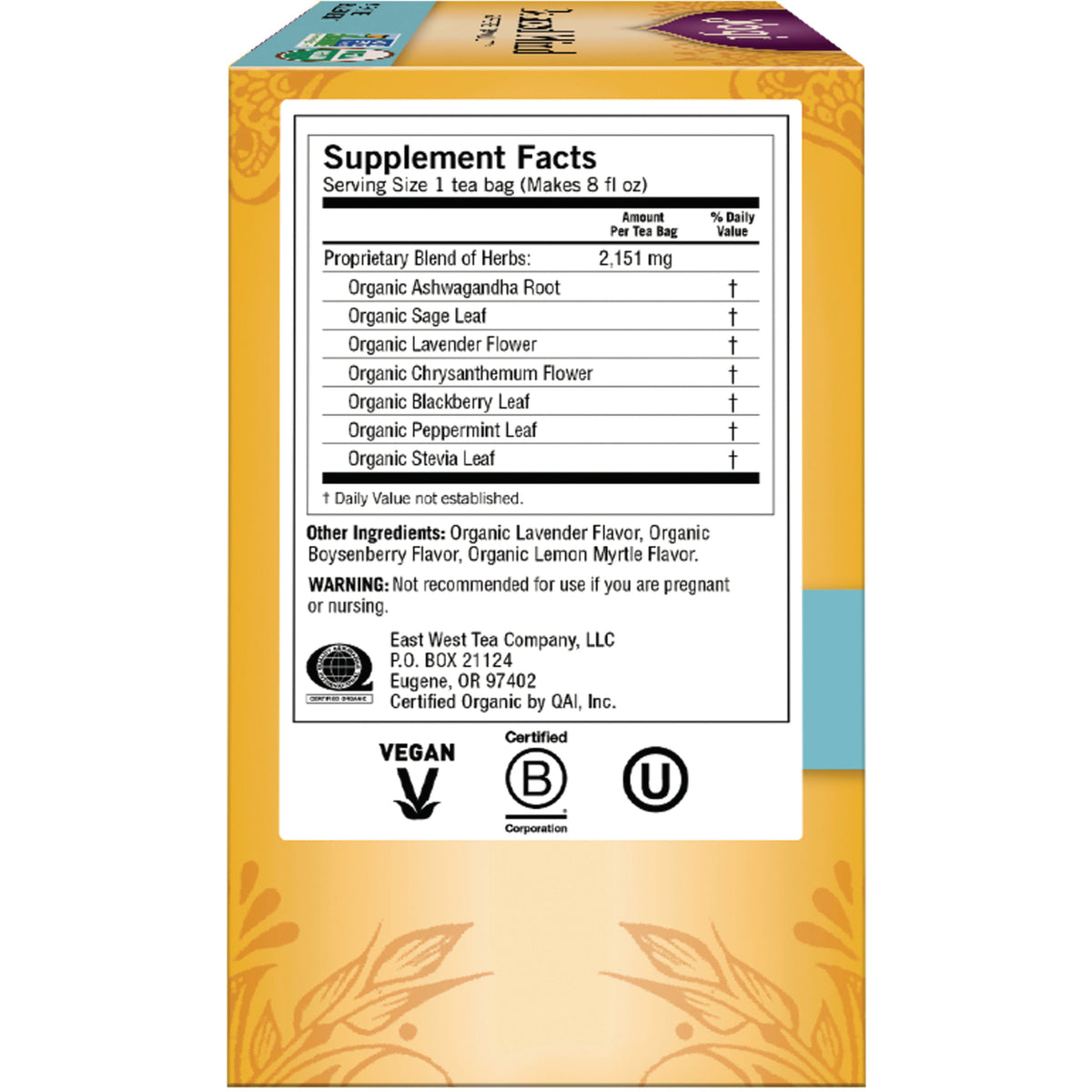 AHW036 | Supplement Facts back panel listing proprietary blend, other ingredients, and vegan/certified icons