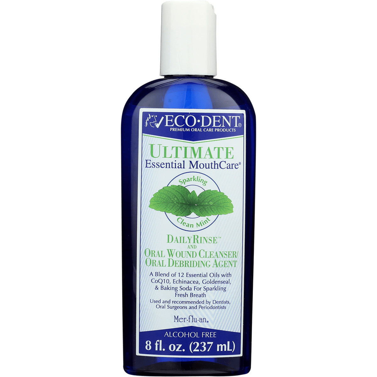 ECD002 | blue 8 fl oz bottle of ECODENT Ultimate Essential MouthCare DailyRinse Clean Mint alcohol free mouth rinse