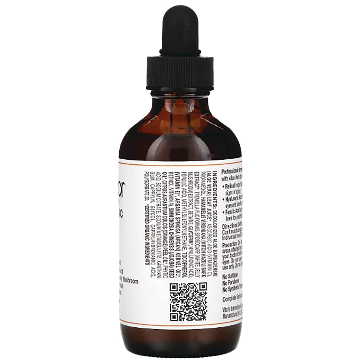 PDO007 | amber dropper bottle back showing ingredient label text and QR code