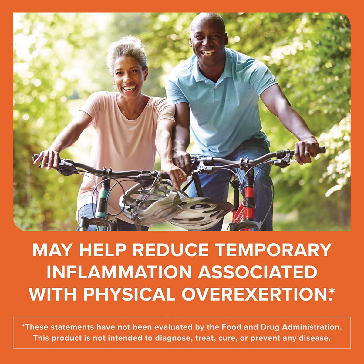 QNL014 | Smiling couple rides bicycles outdoors with text about reducing temporary inflammation from physical overexertion