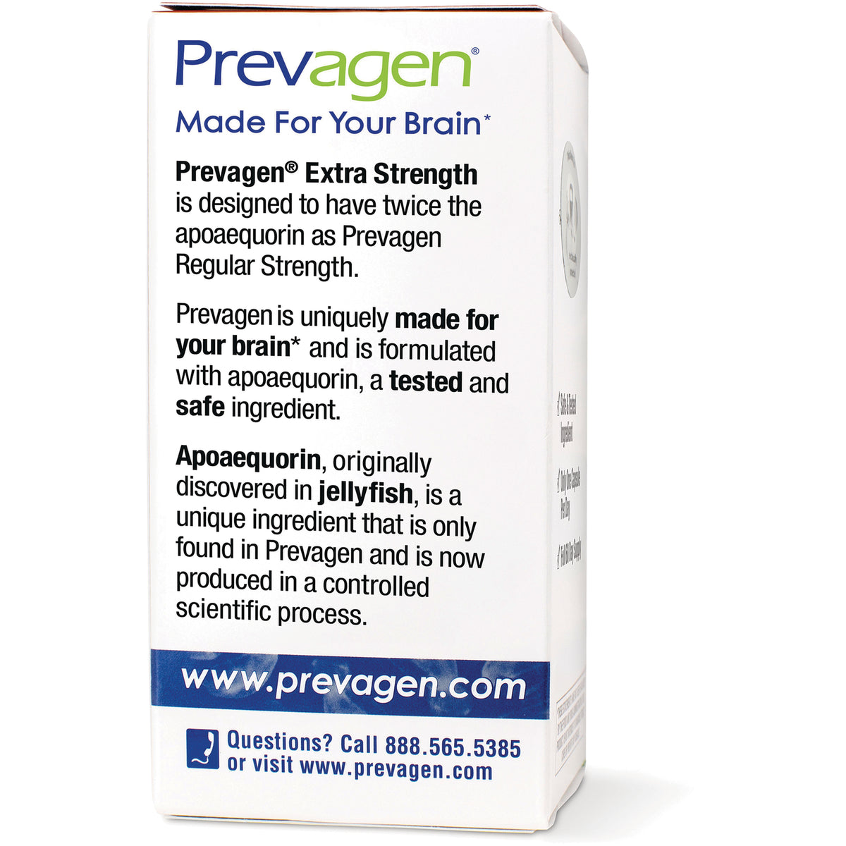 QB009 | Back of Prevagen box showing product copy about extra strength apoaequorin, jellyfish origin, and website prevagen.com