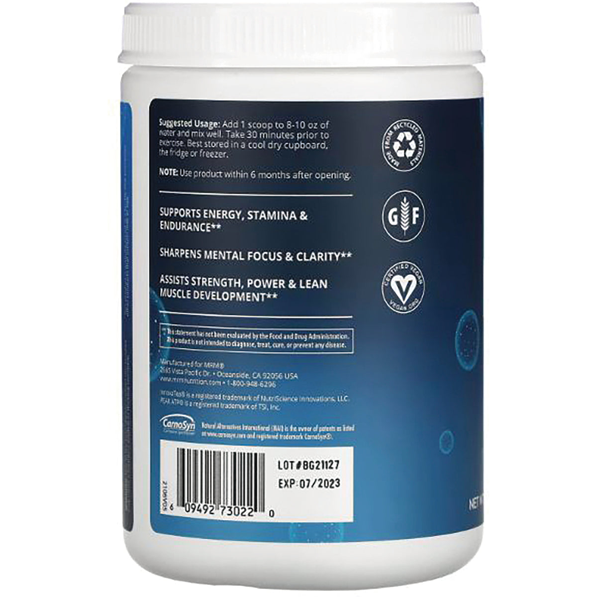 MRM018 | back label of supplement tub showing usage directions, benefits, certification icons and barcode
