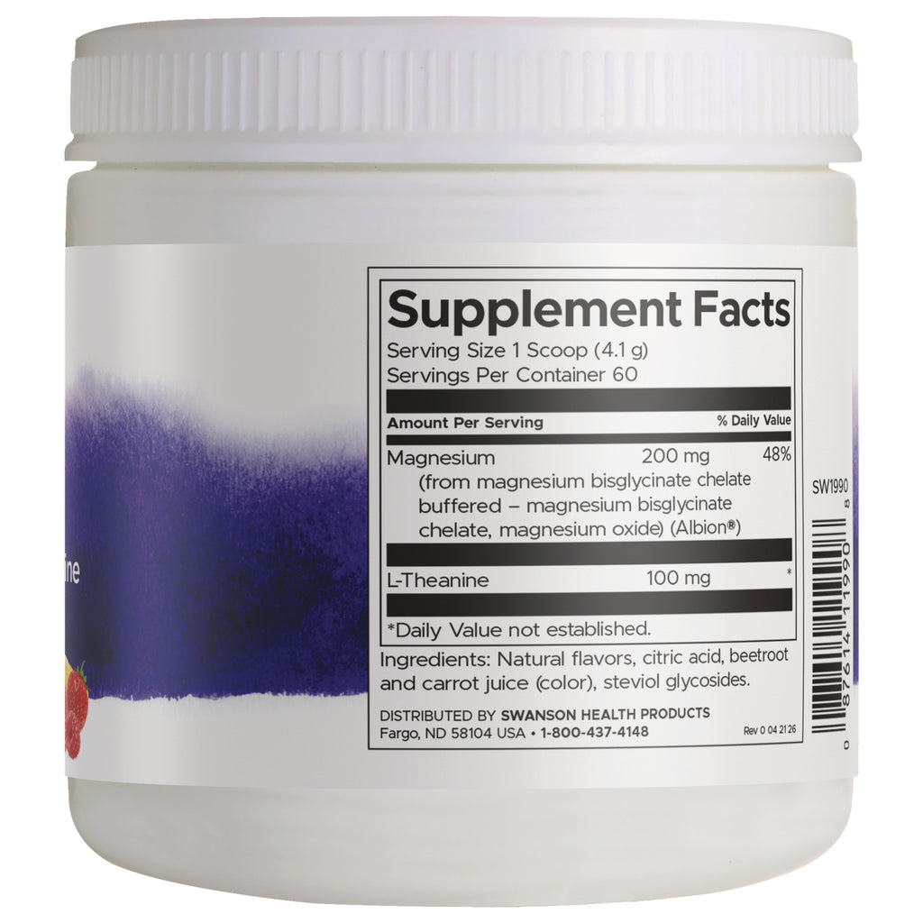 SW1990 | Back label with Supplement Facts showing Magnesium 200 mg, L-Theanine 100 mg, serving size 1 scoop - Thumbnail