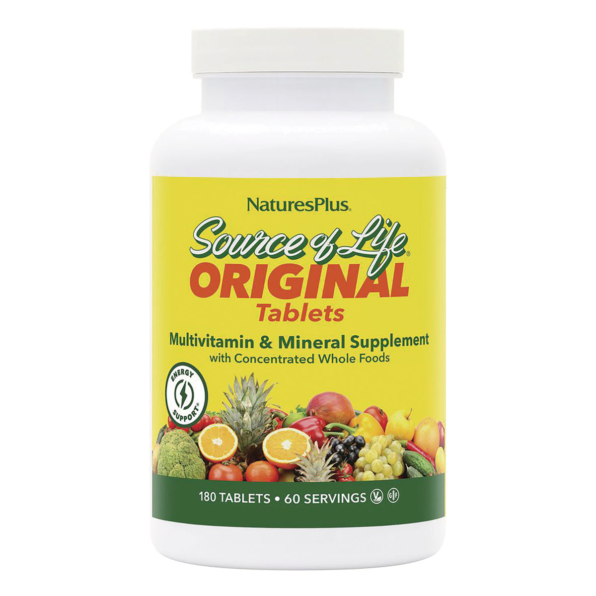 NTP041 | NaturesPlus Source of Life Original tablets multivitamin bottle with yellow label and fruit images, 180 tablets