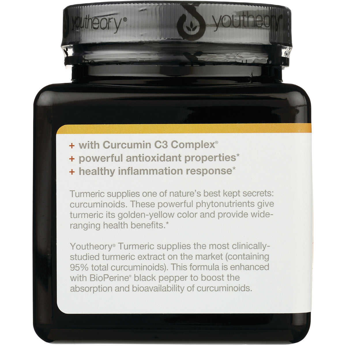YOU008 | Youtheory Turmeric bottle panel: with Curcumin C3 Complex, powerful antioxidant properties, healthy inflammation response