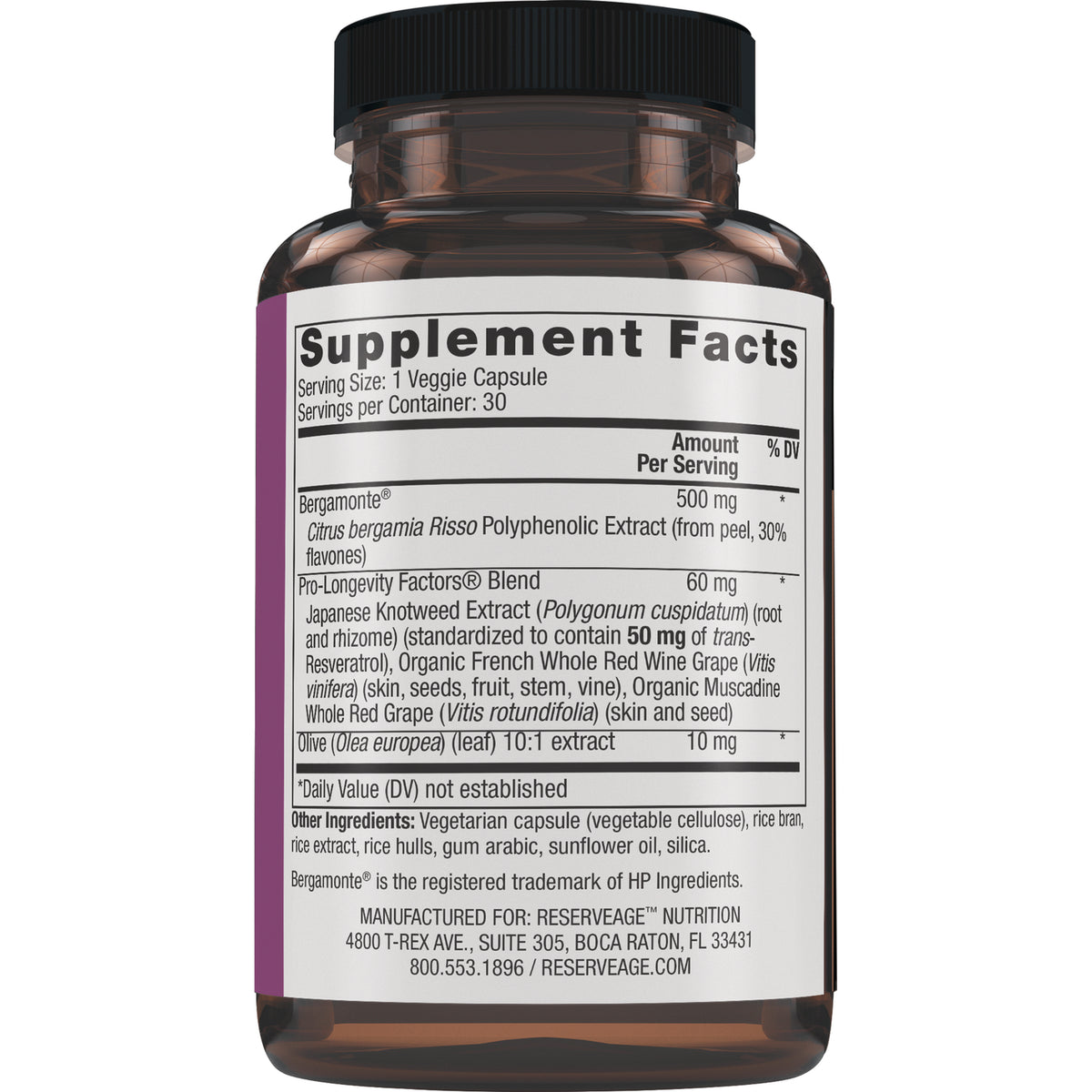 RSA023 | Back label showing Supplement Facts panel with serving size 1 Veggie Capsule and ingredient list