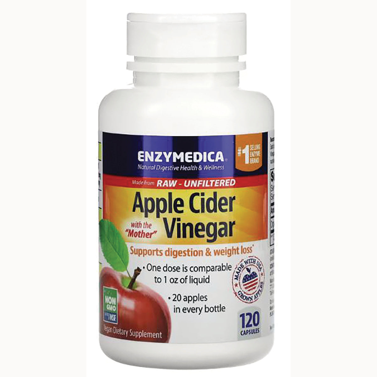 EMD081 | Enzymedica Apple Cider Vinegar supplement bottle front, 120 capsules, supports digestion and weight loss