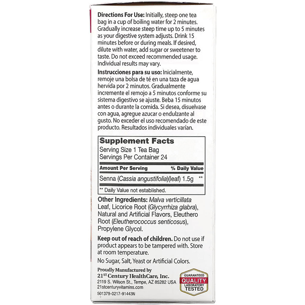 Supplement Facts and directions on back of tea box showing serving size, ingredients, and warnings - Thumbnail