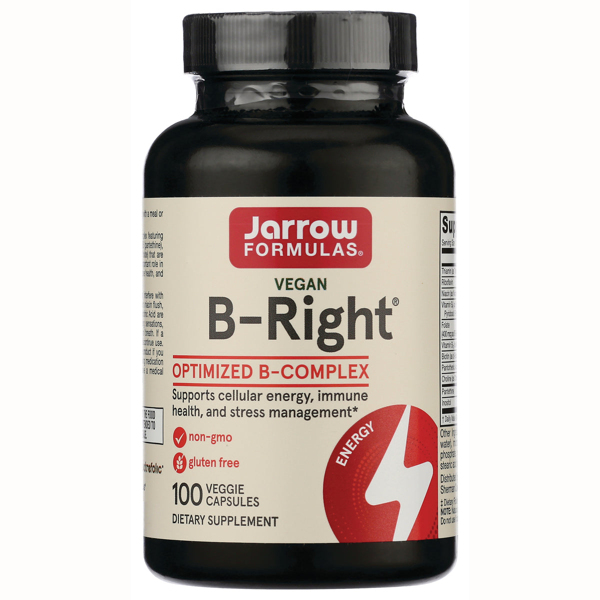 JR009 | Jarrow Formulas Vegan B-Right optimized B-complex supplement bottle label, 100 veggie capsules