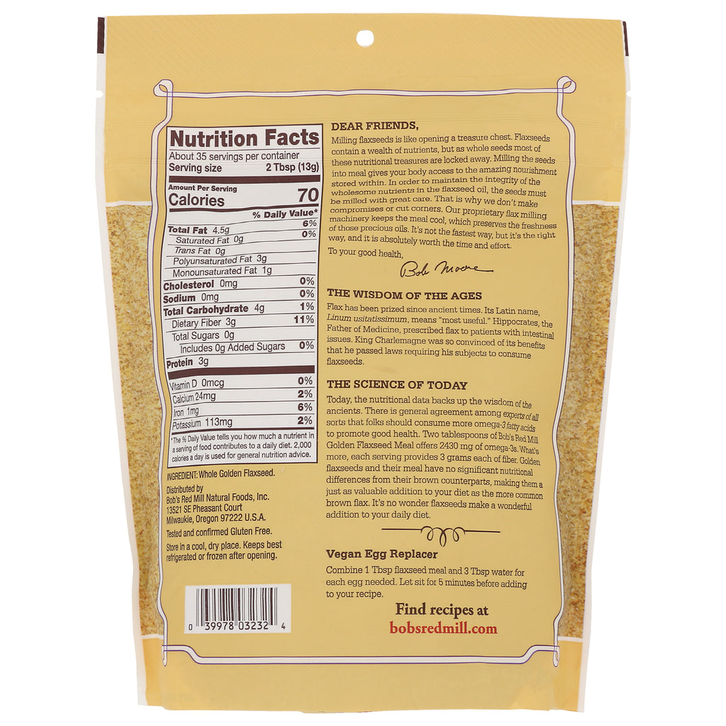 BOB264 | Back of yellow bag showing nutrition facts panel, ingredient list, barcode and vegan egg replacer instructions - Thumbnail