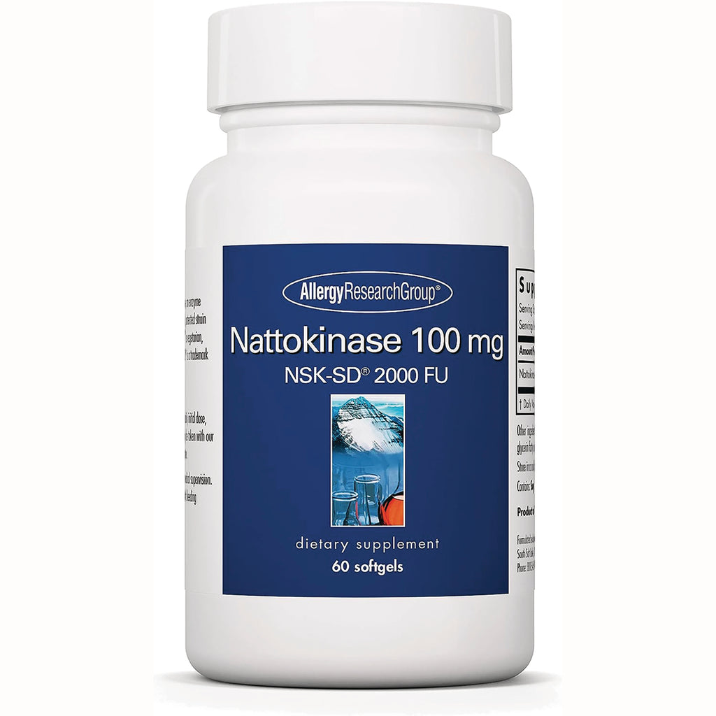 ARG010 | White supplement bottle with blue label reading Nattokinase 100 mg NSK-SD 2000 FU and 60 softgels - Thumbnail