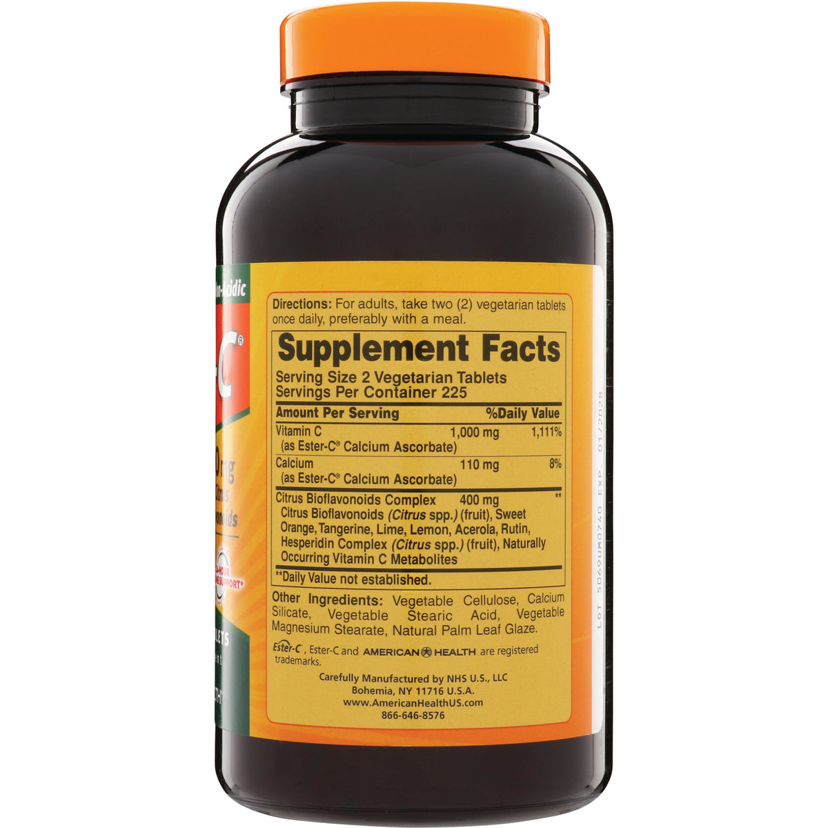 AM121 | Back of supplement bottle showing Supplement Facts panel: Vitamin C 1,000 mg, serving size 2 vegetarian tablets