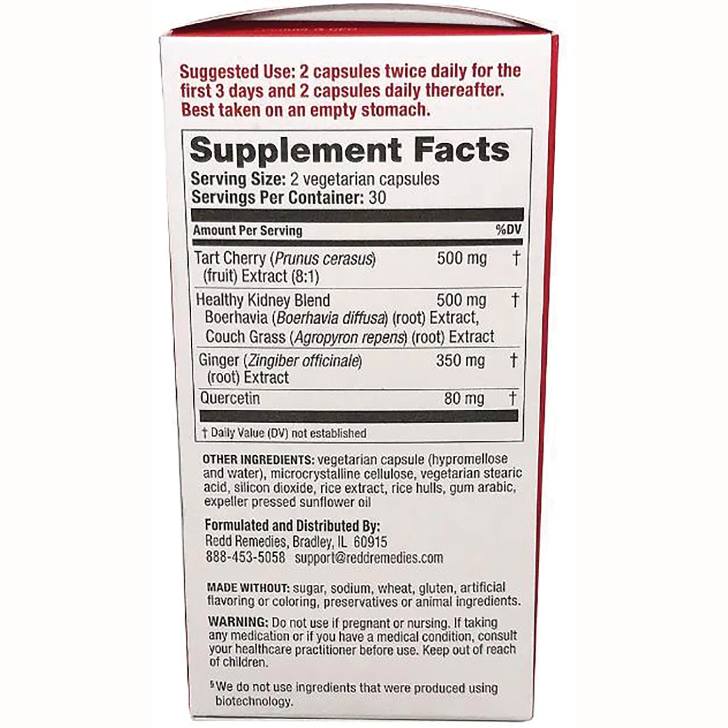 RED003 | back panel with Supplement Facts showing serving size, ingredient list and warnings