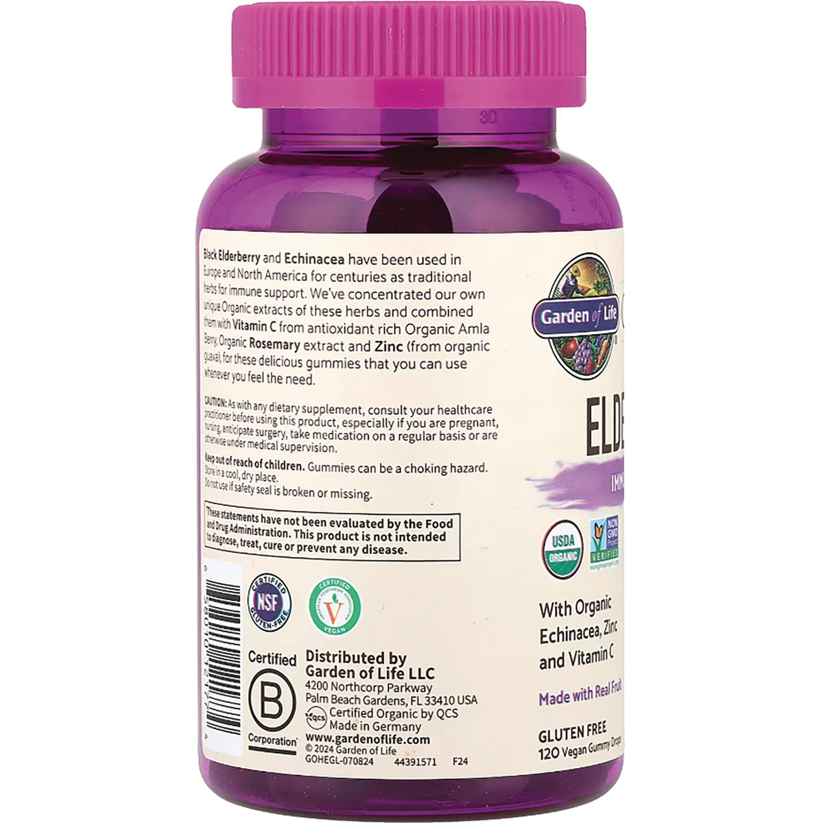 GLF272 | Back label of purple Garden of Life elderberry gummy bottle showing ingredient text, warnings, barcode, and certification logos