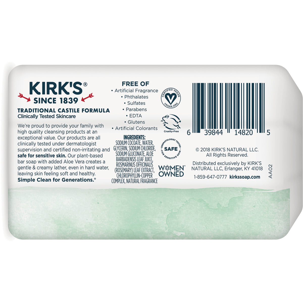 KIR013 | Back label of Kirk's soap showing ingredients, free-of claims, certifications and barcode