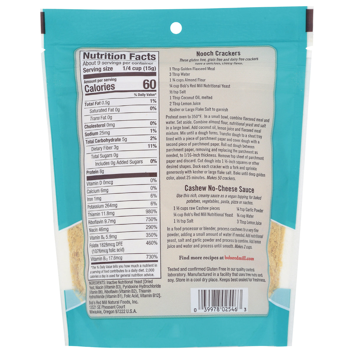 BOB335 | Back of teal product pouch showing Nutrition Facts panel, recipe text and barcode