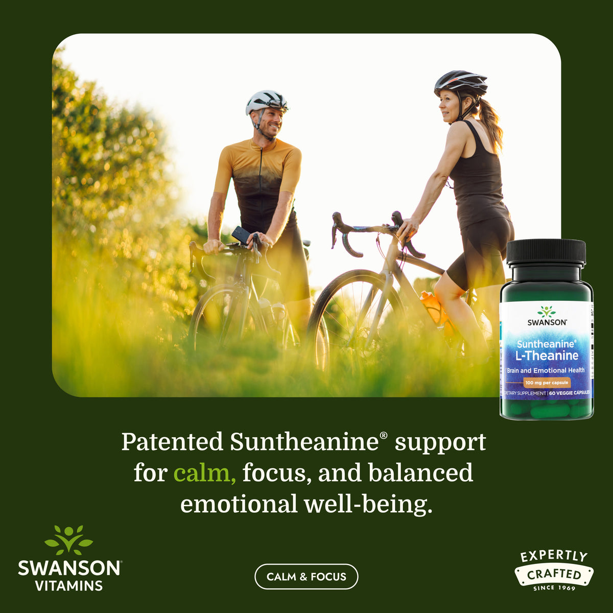 SWU110 | Cyclists with Swanson Suntheanine L-Theanine bottle and calm and focus messaging