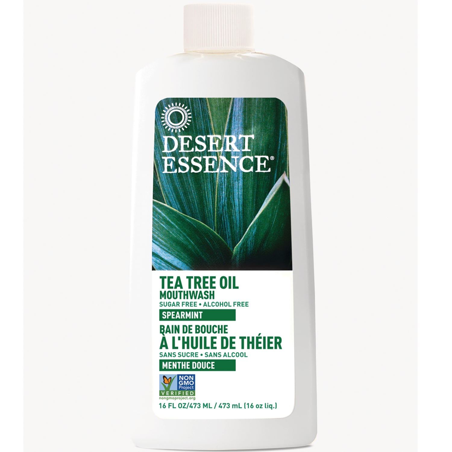DST028 | Desert Essence tea tree oil mouthwash spearmint front bottle label 16 fl oz