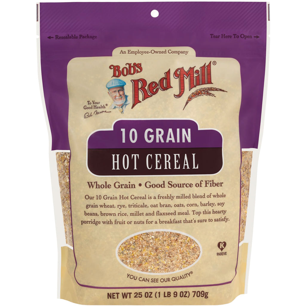 BOB427 | Bob's Red Mill 10 Grain Hot Cereal front-facing bag with clear window showing cereal and brand logo - Thumbnail