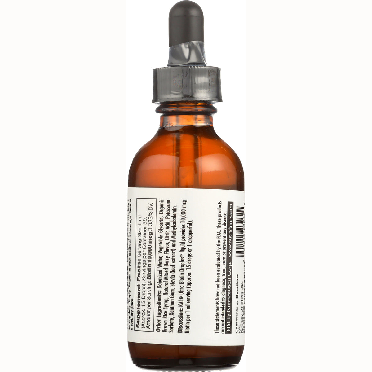 KL553 | amber dropper bottle back label showing supplement facts, ingredients and barcode