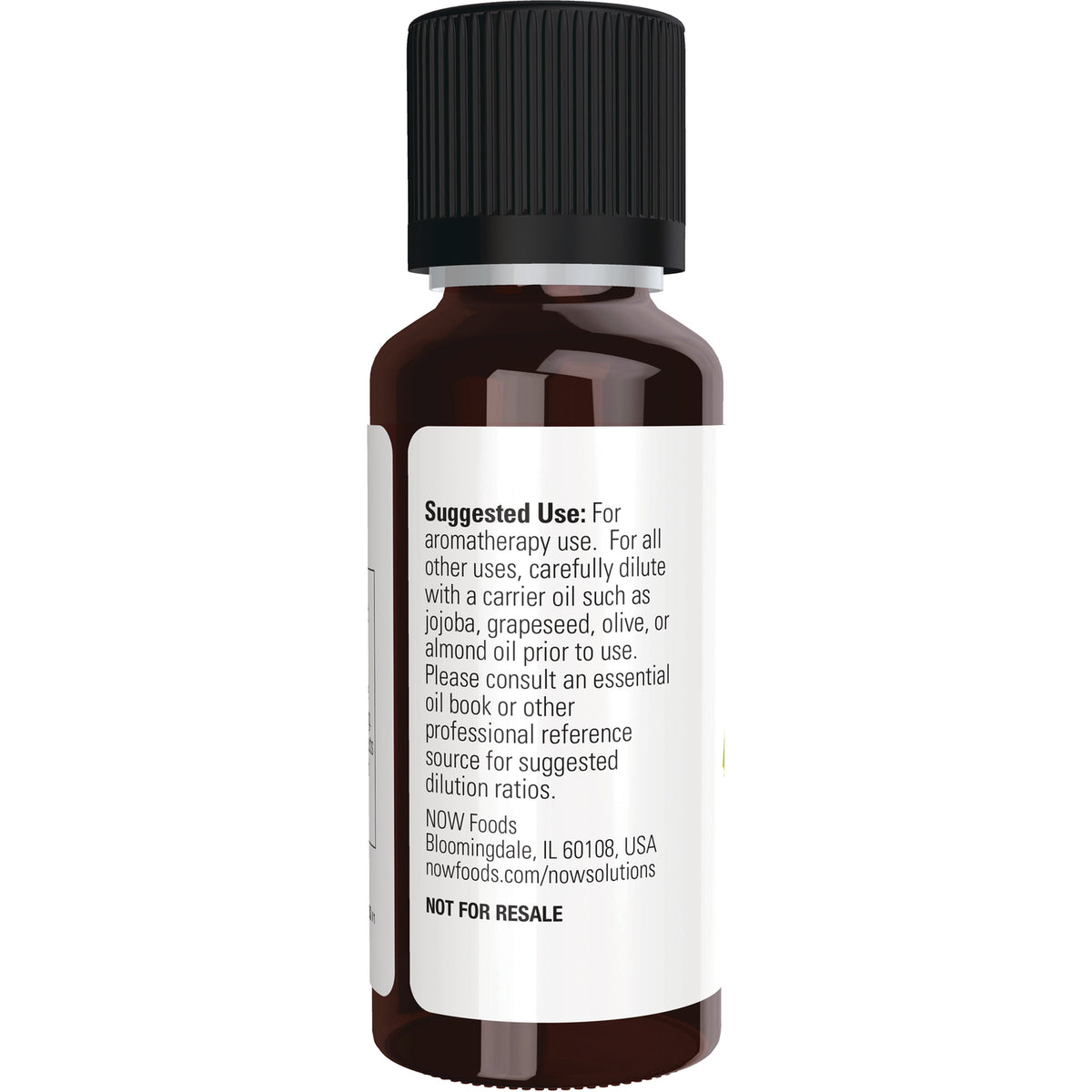 NWF060 | Back label of amber essential oil bottle showing suggested use text and NOT FOR RESALE