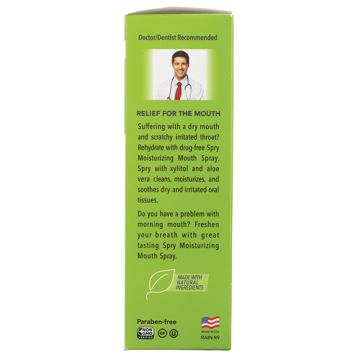 XL026 | Back panel of Spry Moisturizing Mouth Spray box with Relief for the Mouth text and certifications