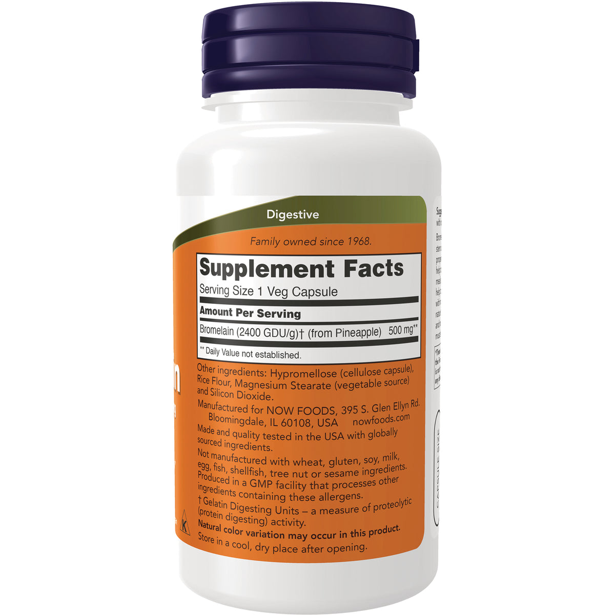 NWF293 | Back label showing Supplement Facts and ingredients for bromelain 500 mg veg capsule