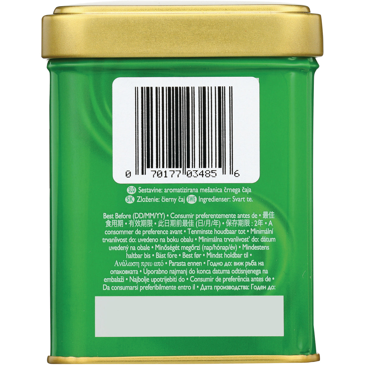 TWN025 | Back of green metal tea tin with barcode UPC 070177034856 and multilingual text